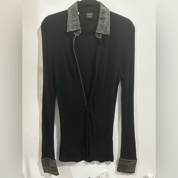 Jean Paul Gaultier Other - JEAN PAUL GAULTIER HOMME Sheer Black Slim Shirt Zipper Leather Collar/Cuffs S